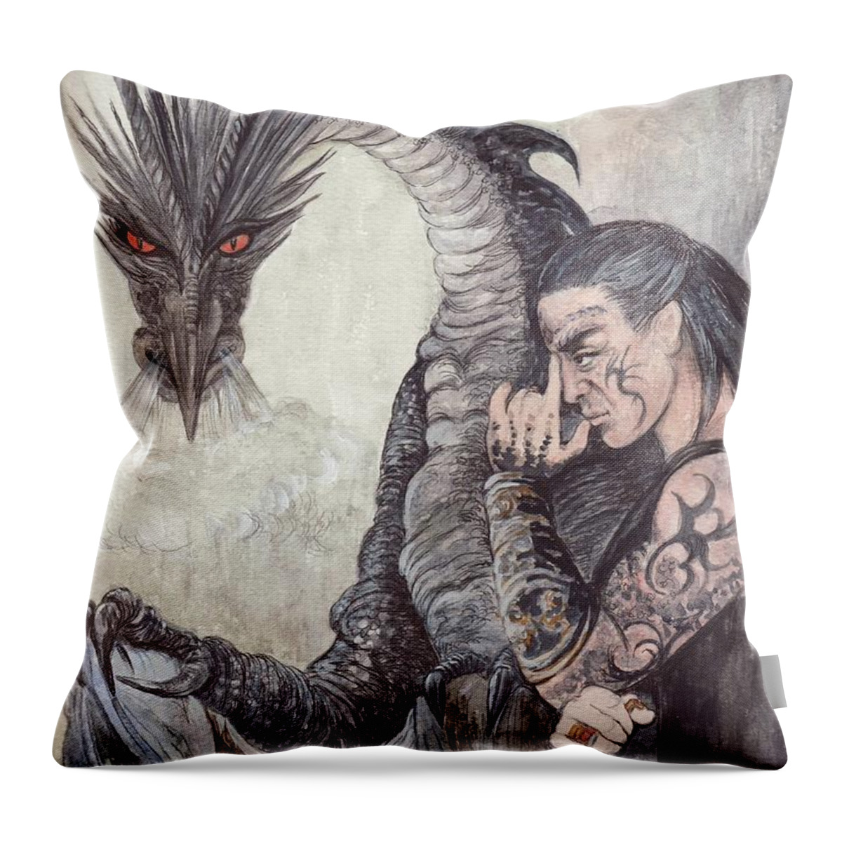 Black Throw Pillow featuring the painting Kor-Gat and Black Dragon by Morgan Fitzsimons