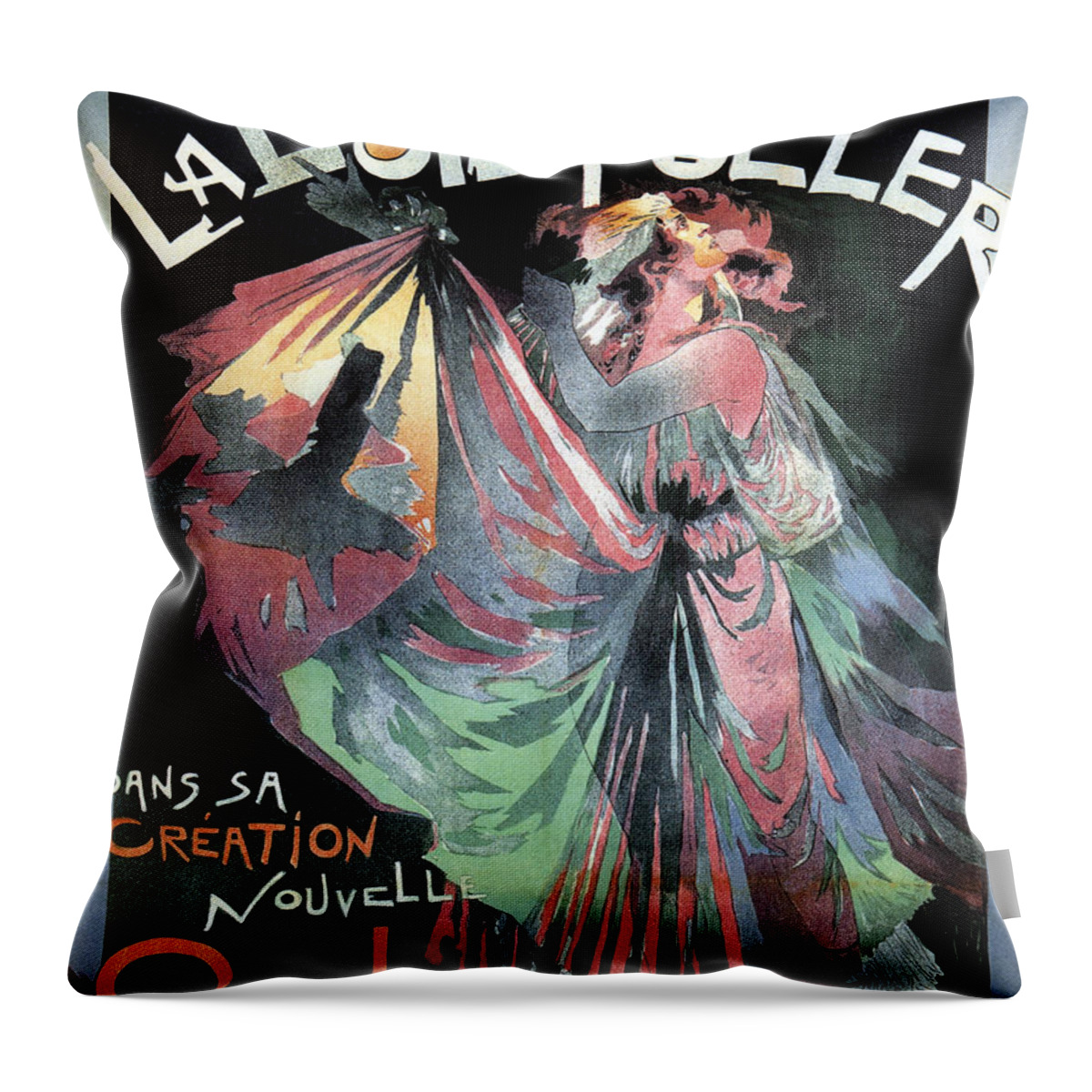 La Loie Fuller Salome Throw Pillow featuring the mixed media La Loie Fuller Salome - Evolutionised Dance by Using Gas Lighting - Vintage Advertising Poster by Studio Grafiikka
