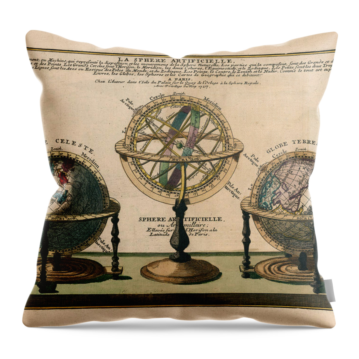 La Sphere Artificielle Throw Pillow featuring the drawing La Sphere Artificielle - Illustration of the Globe - Celestial and Terrestrial Globes - Astrolabe by Studio Grafiikka