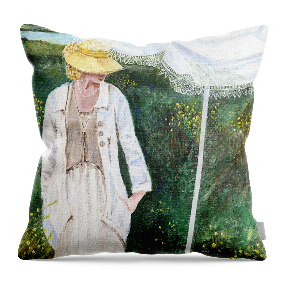 Lady Throw Pillow featuring the painting Lady And The Umbrella by Arline Wagner