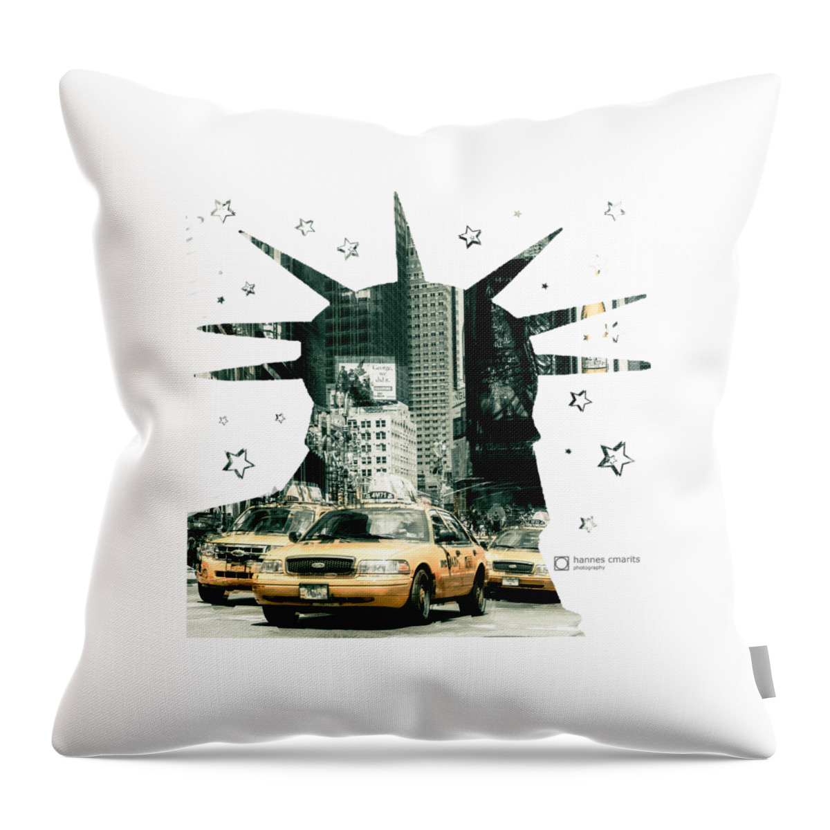 Graphical Throw Pillow featuring the photograph Lady Liberty And The Yellow Cabs by Hannes Cmarits