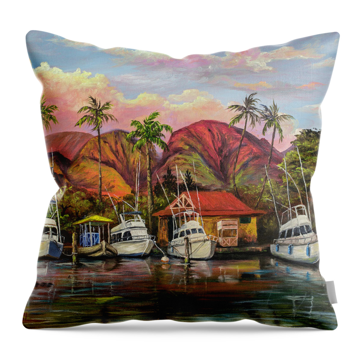 Darice Throw Pillow featuring the painting Lahaina Harbor Sunset by Darice Machel McGuire