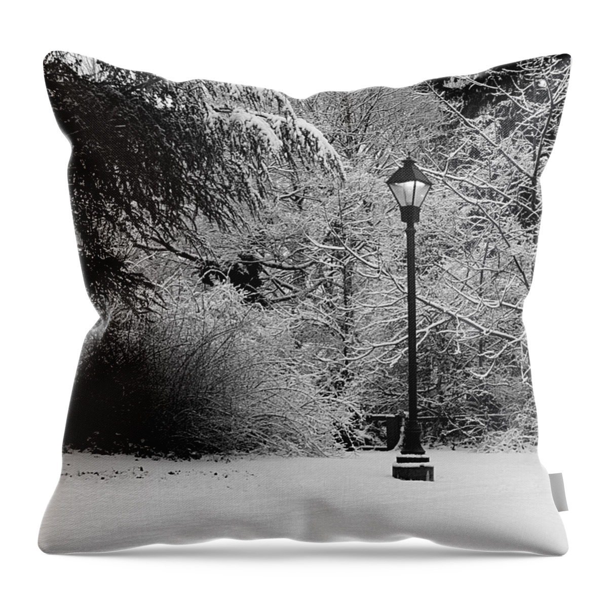Lamp Post Throw Pillow featuring the photograph Lamp Post in Winter - B/W by William Selander