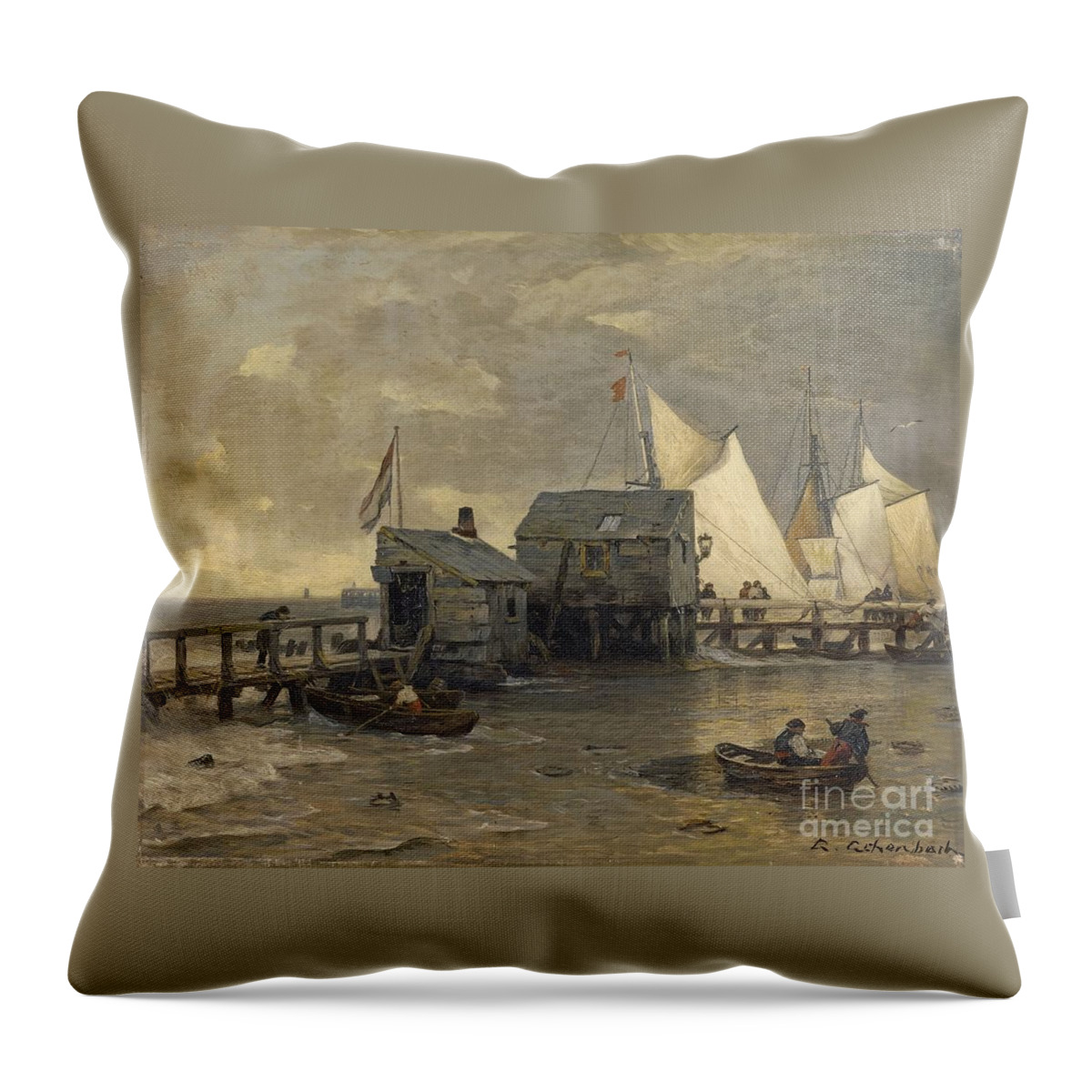 Andreas Achenbach Throw Pillow featuring the painting Landing Stage With Sailing Ships by MotionAge Designs