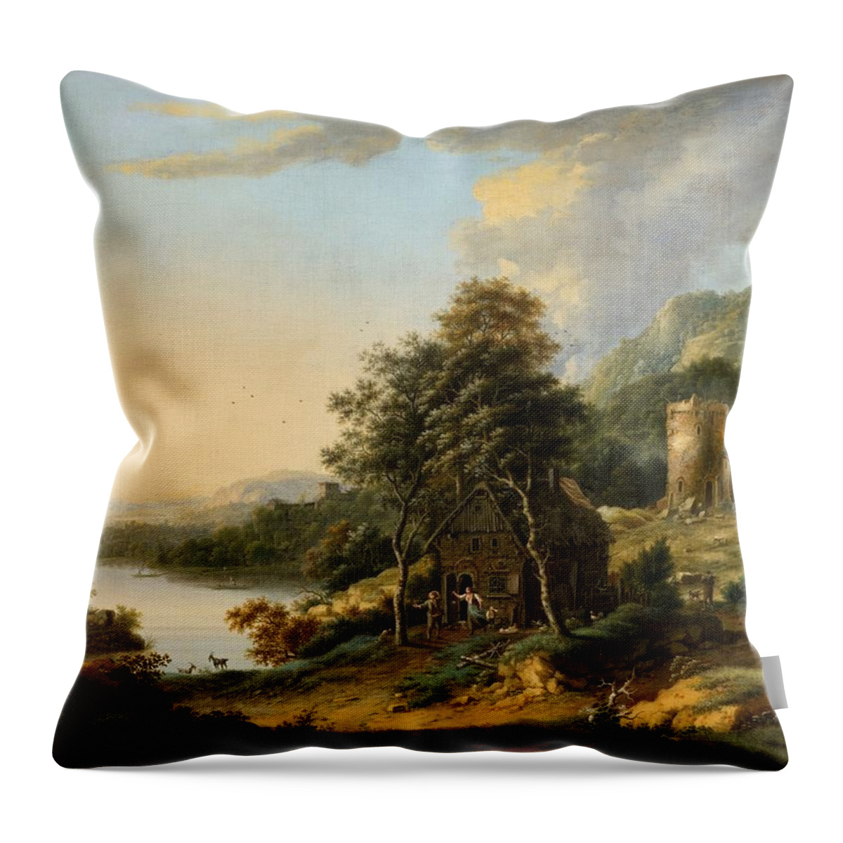 Johann Christian Vollerdt Throw Pillow featuring the painting Landscape with a Farmhouse by Johann Christian