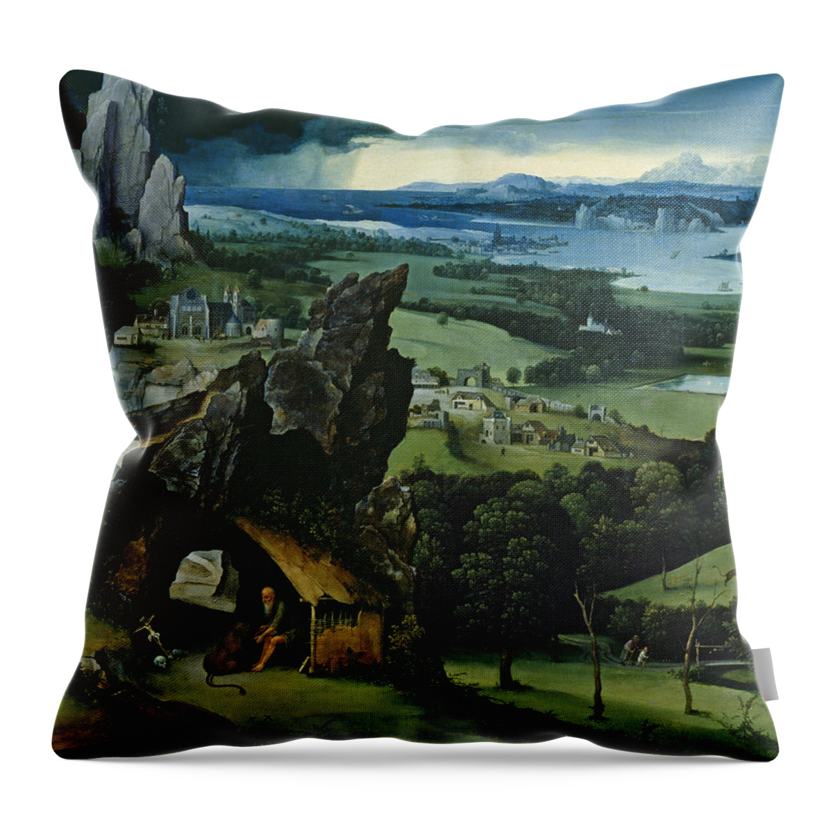 Joachim Patinir Throw Pillow featuring the painting Landscape with Saint Jerome by Joachim Patinir