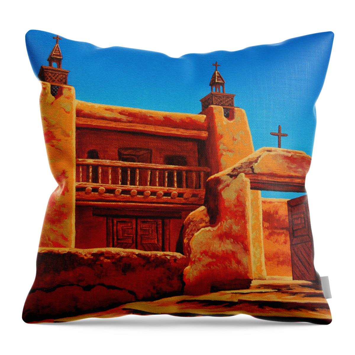 Southwest Throw Pillow featuring the painting Las Trampas by Cheryl Fecht