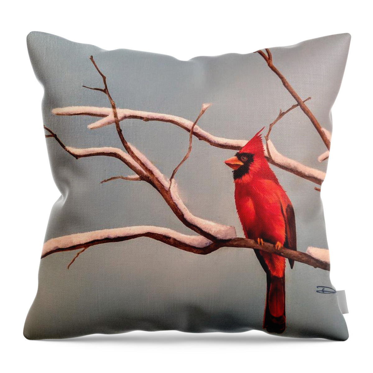 Birds Throw Pillow featuring the painting Last snow of winter, Cardinal by Dana Newman
