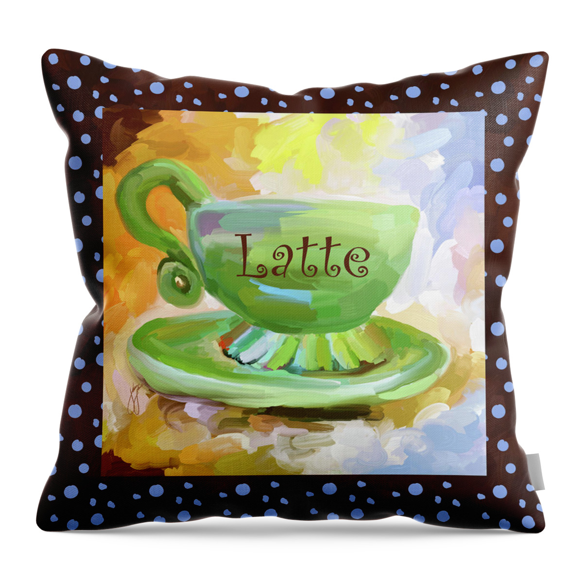 Coffee Throw Pillow featuring the painting Latte Coffee Cup With Blue Dots by Jai Johnson