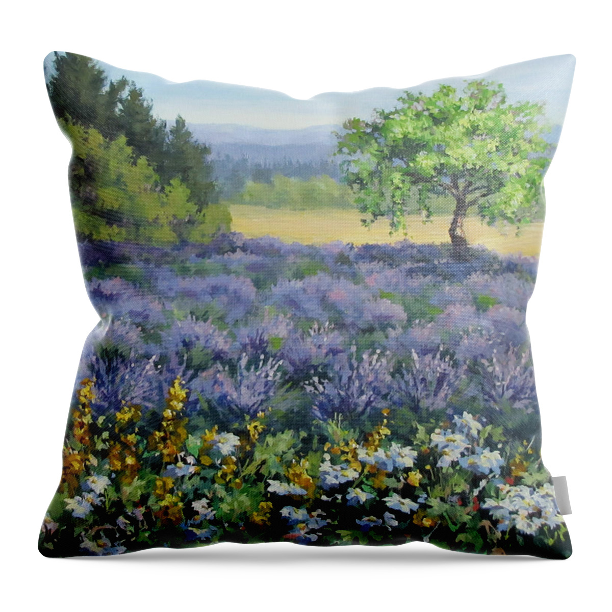 Landscape Painting Throw Pillow featuring the painting Lavender and Wildflowers by Karen Ilari