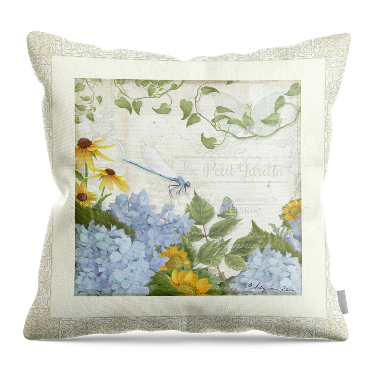 Le Petit Jardin Throw Pillow featuring the painting Le Petit Jardin 2 - Garden Floral W Dragonfly, Butterfly, Daisies And Blue Hydrangeas w Border by Audrey Jeanne Roberts