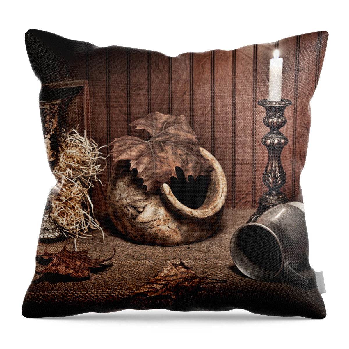 Leaves Throw Pillow featuring the photograph Leaves and Vessels by Candlelight by Tom Mc Nemar