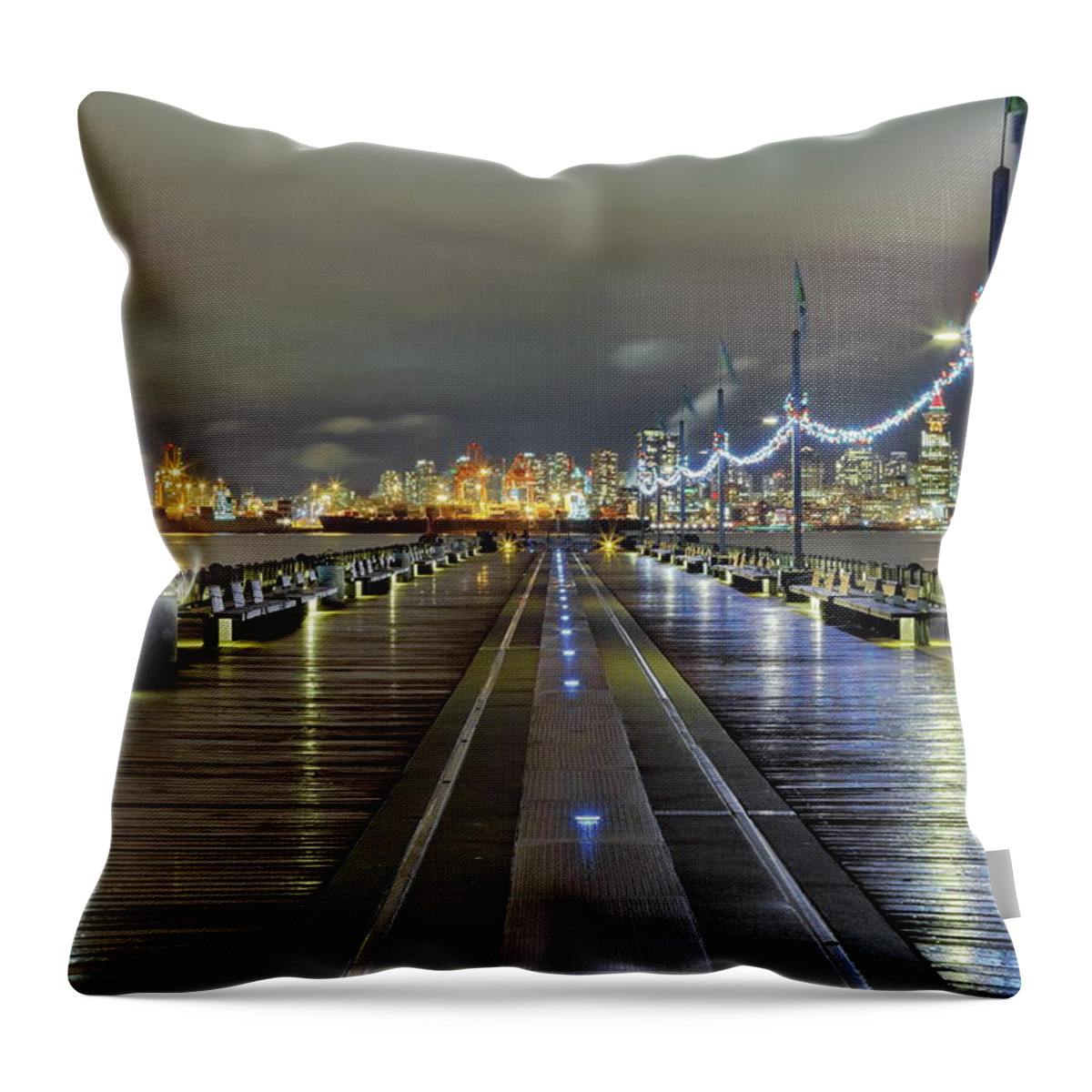 Alex Lyubar Throw Pillow featuring the pyrography Light rain on a Christmas night in a beautiful city by Alex Lyubar