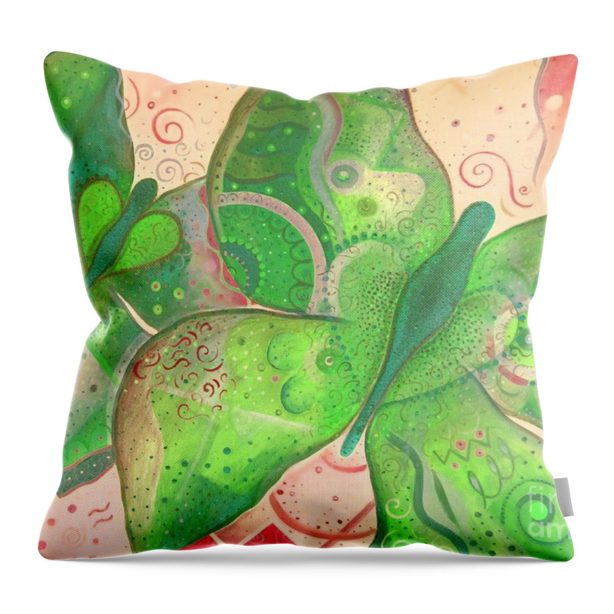 Moth Throw Pillow featuring the painting Lighthearted In Green On Red by Helena Tiainen