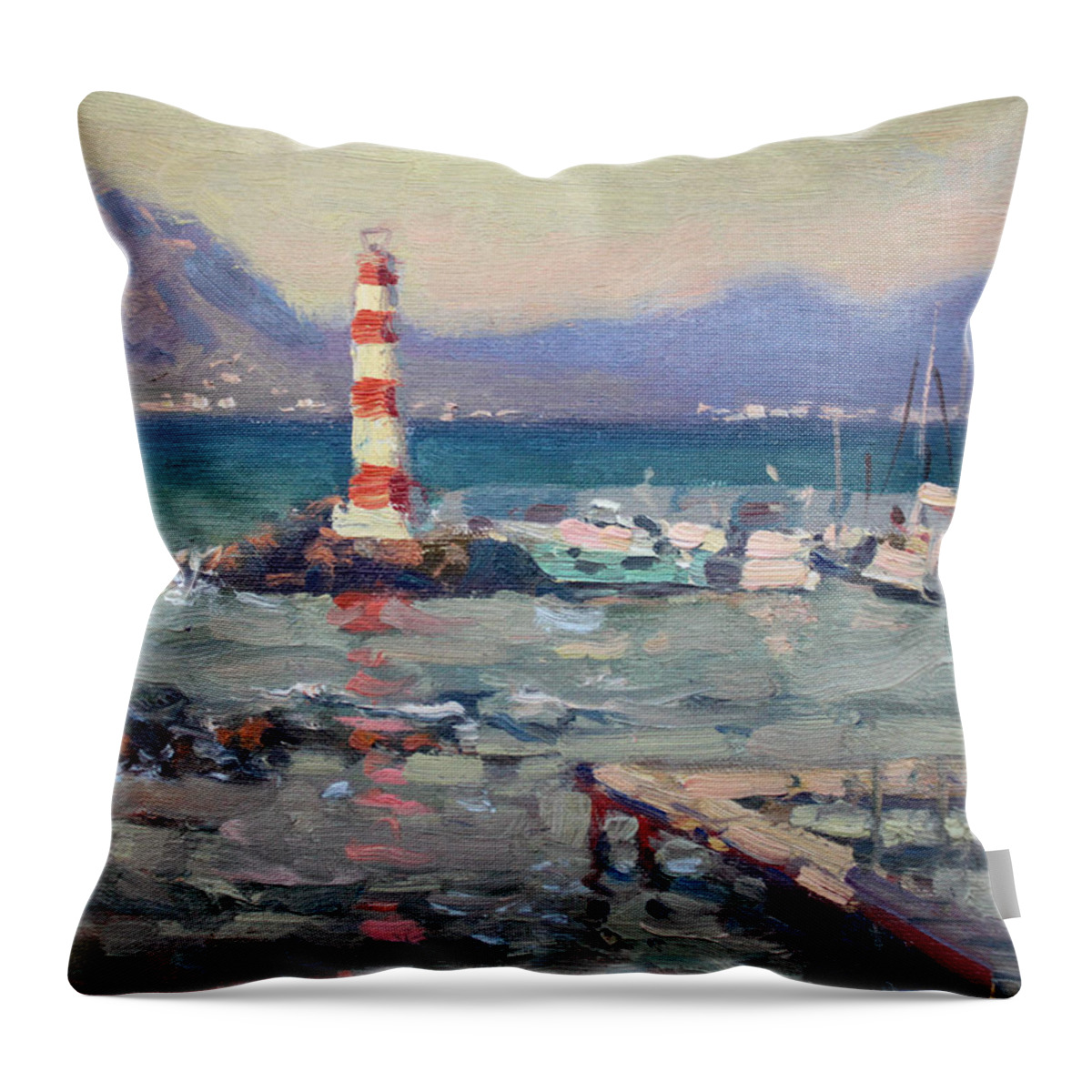 Lighthouse Throw Pillow featuring the painting Lighthouse at Dilesi Harbor Greece by Ylli Haruni