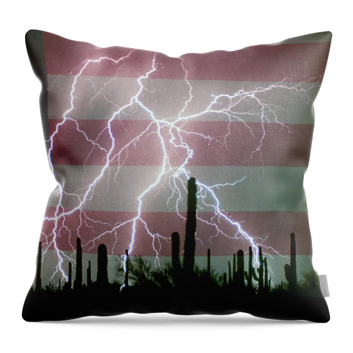 Americano Throw Pillow featuring the photograph Lightning Storm in the USA Desert Flag Background by James BO Insogna