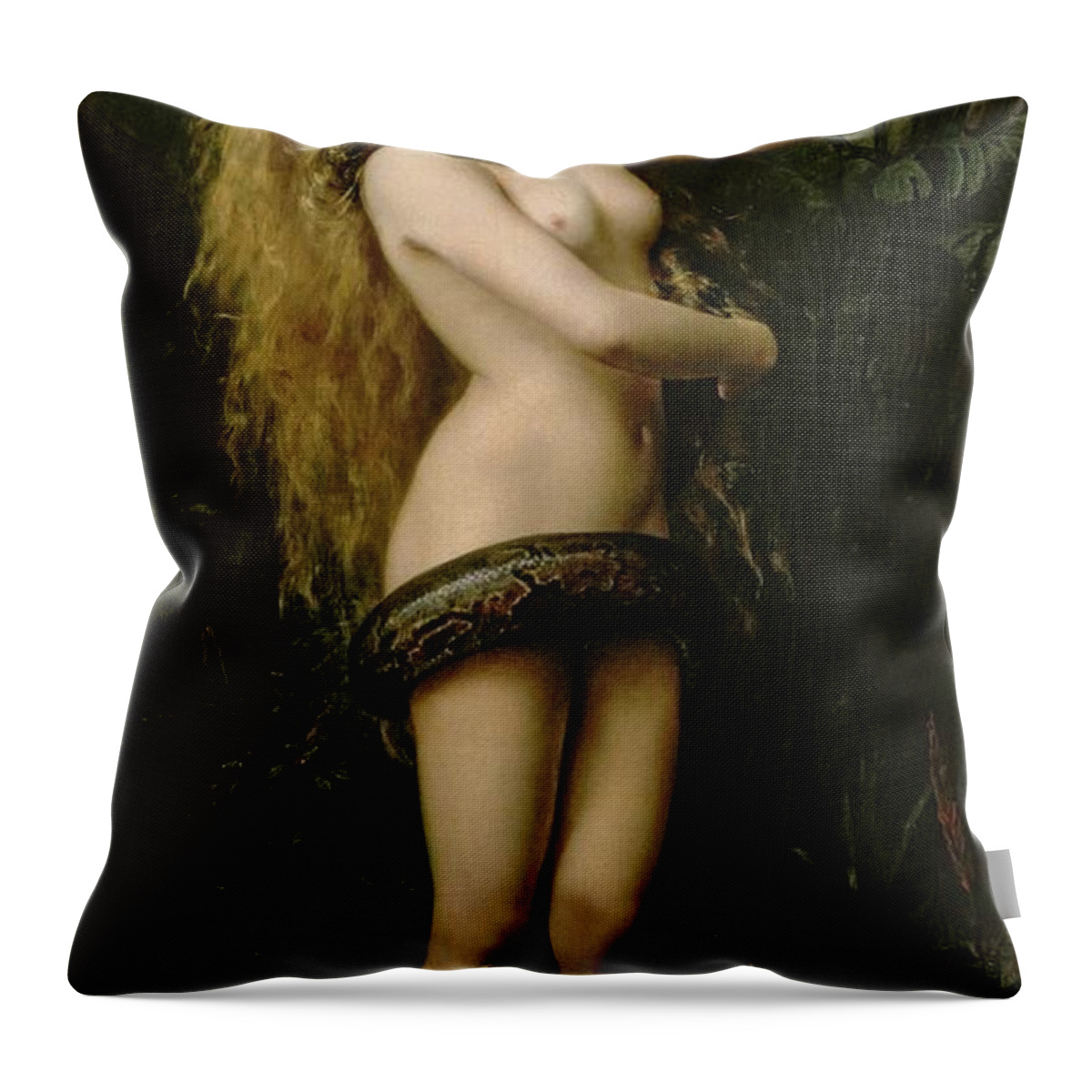 Nude; Female; Snake; Long Hair; Pre-raphaelite; Lilith Throw Pillow featuring the painting Lilith by John Collier
