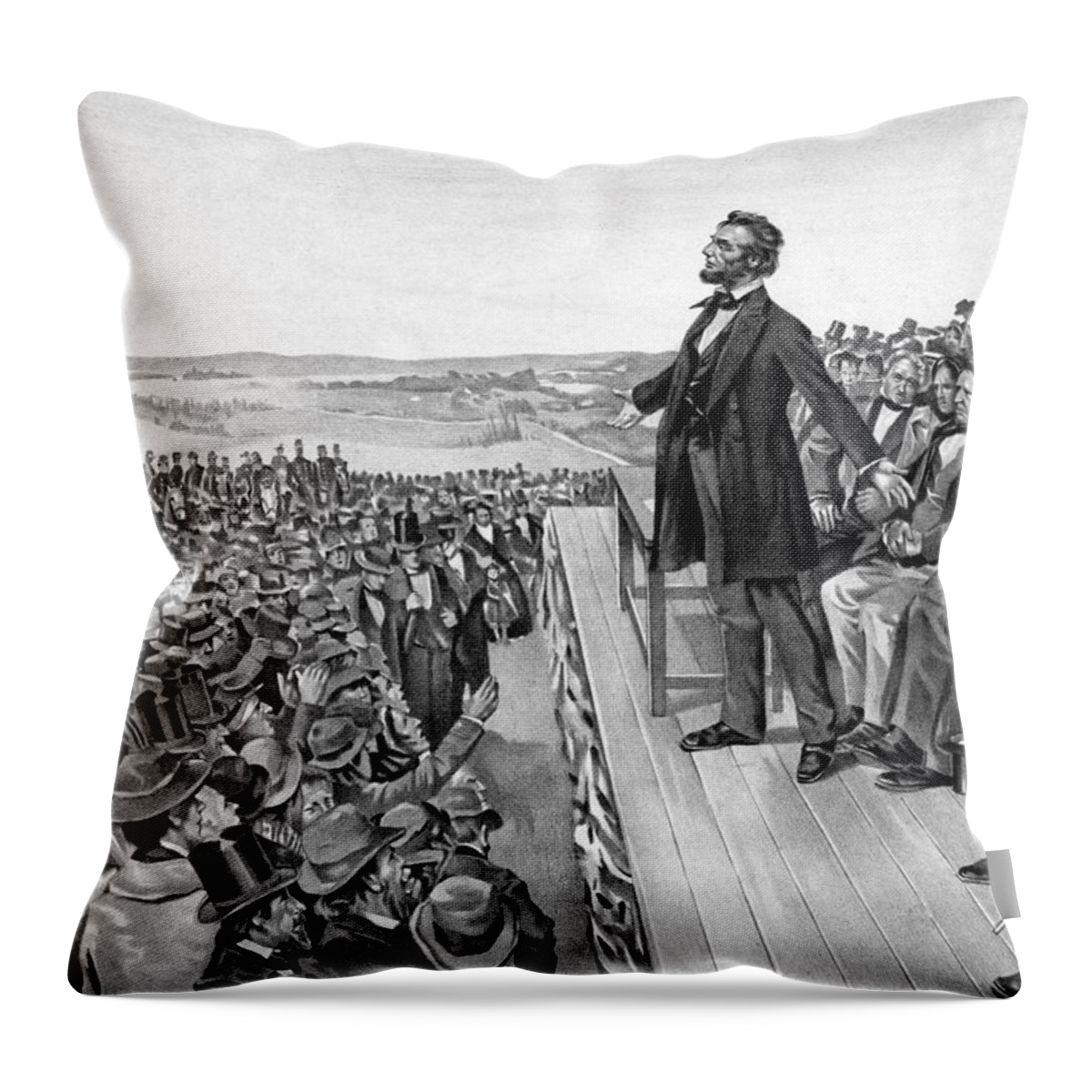 Gettysburg Address Throw Pillow featuring the drawing Lincoln Delivering The Gettysburg Address by War Is Hell Store