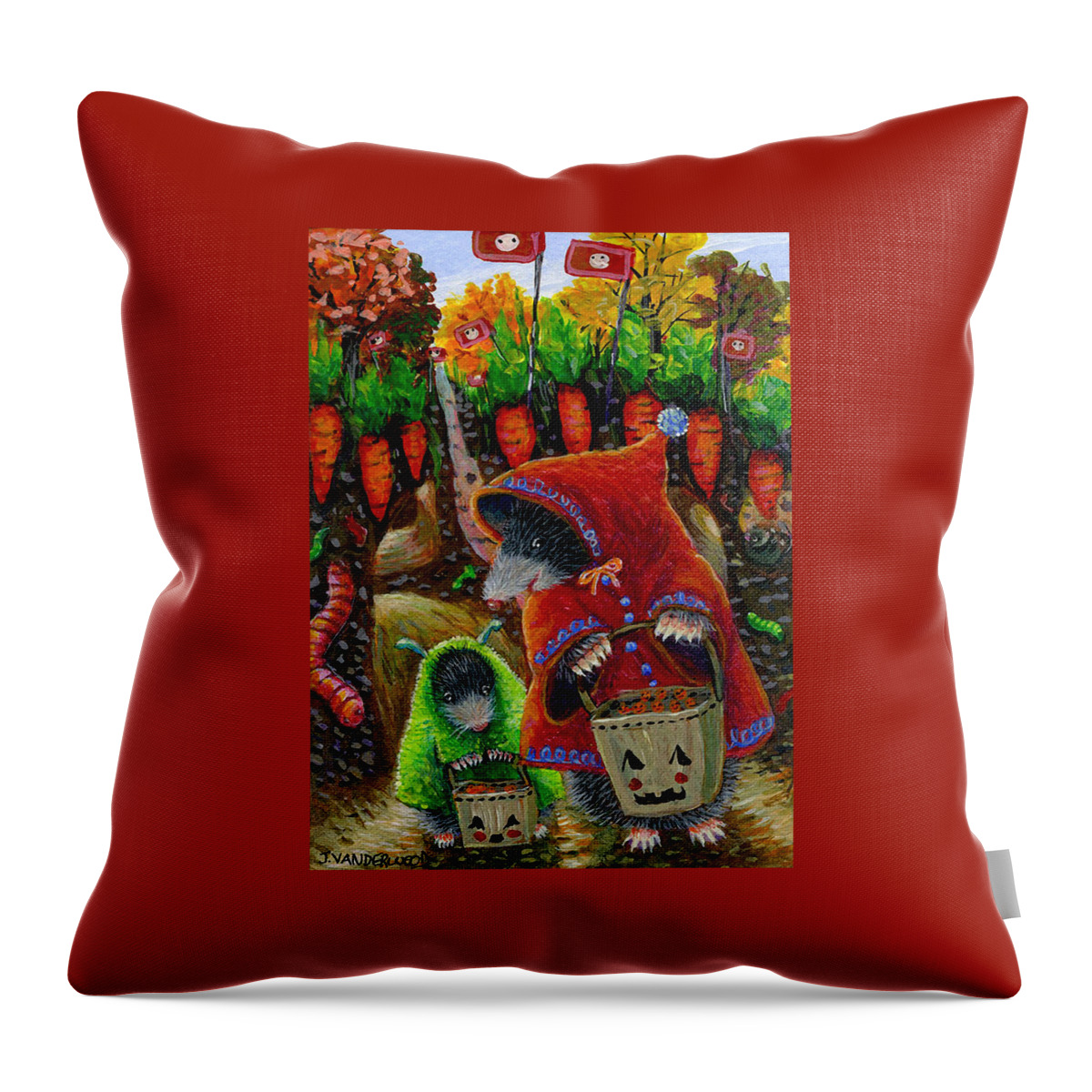 Mole Throw Pillow featuring the painting Little Red Riding Mole and Little Green Monster Mole by Jacquelin L Vanderwood Westerman
