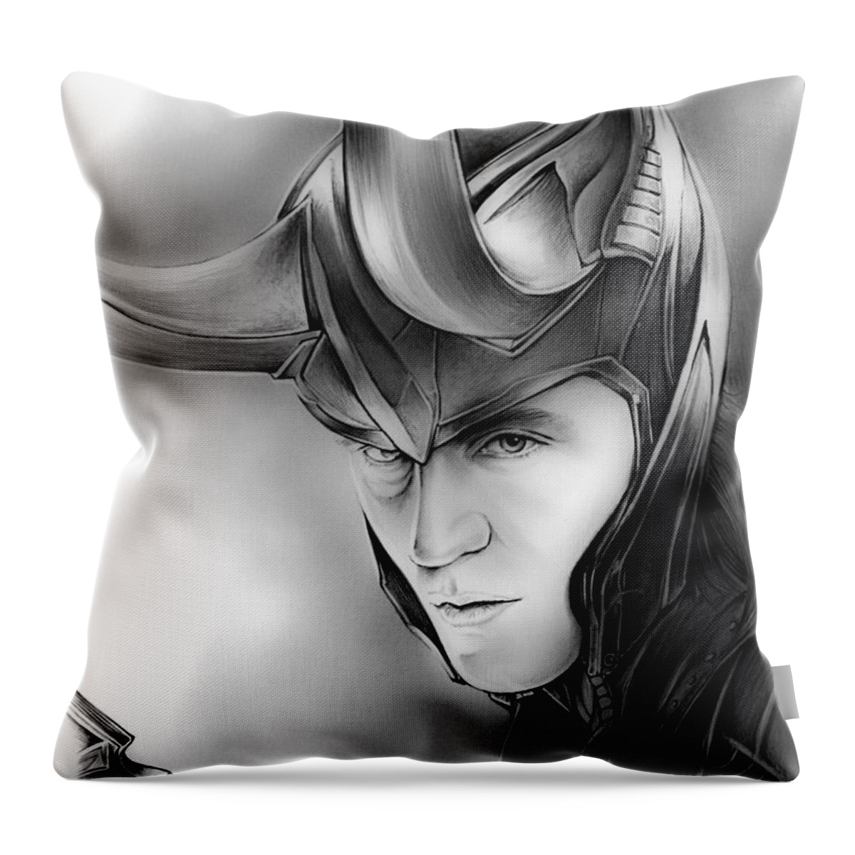 Hiddleston Throw Pillow featuring the drawing Loki by Greg Joens