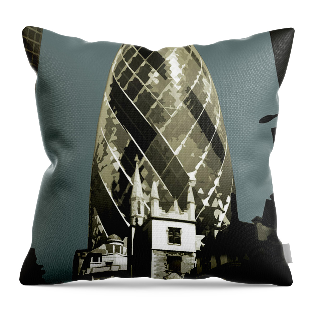 Wheel Throw Pillow featuring the painting London - Gherkin - Soft Blue Greys by Big Fat Arts