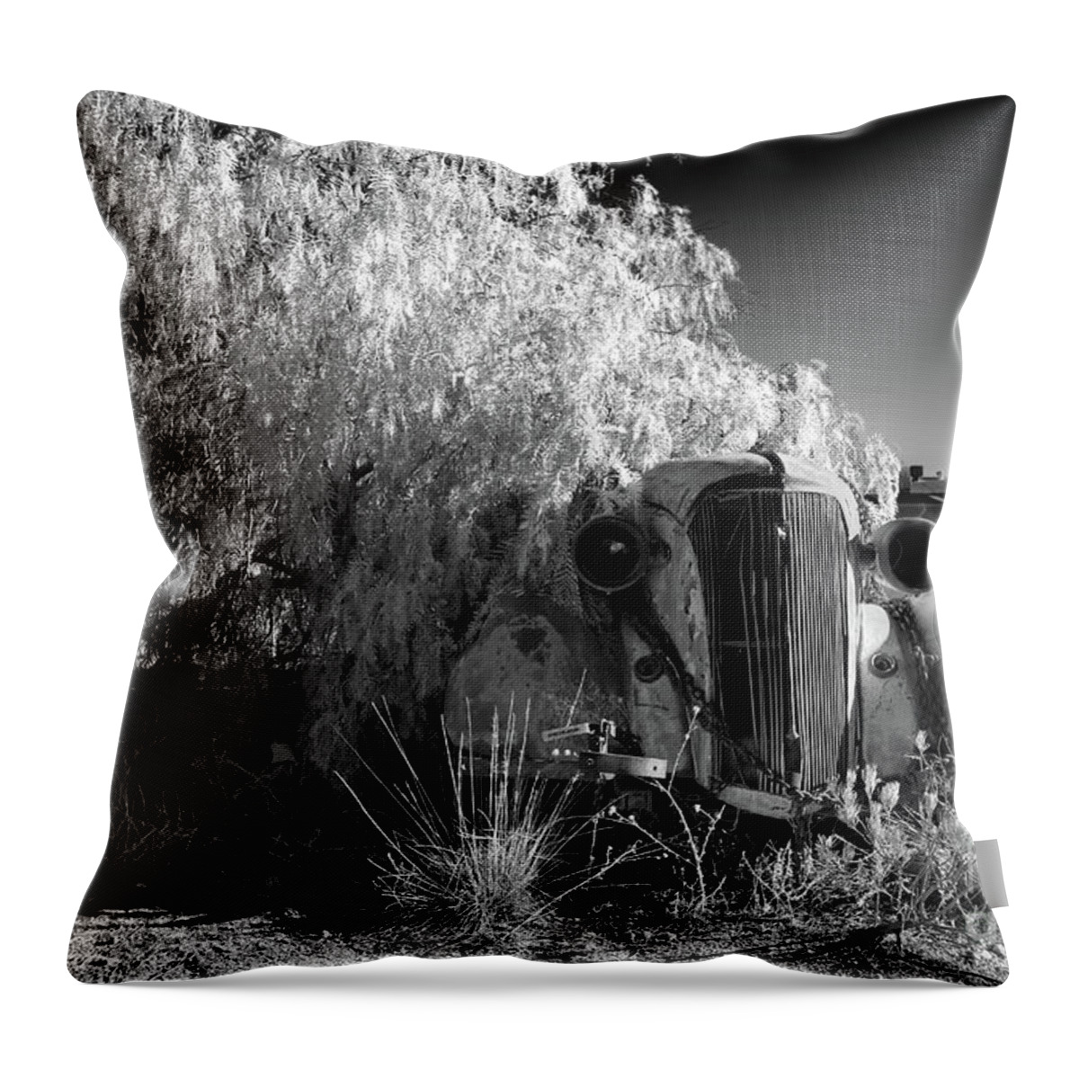 Broken Hill Nsw New South Wales Australian Old Car Pepper Tree Monochrome Mono B&w Black And White Throw Pillow featuring the photograph Long Term Parking by Bill Robinson
