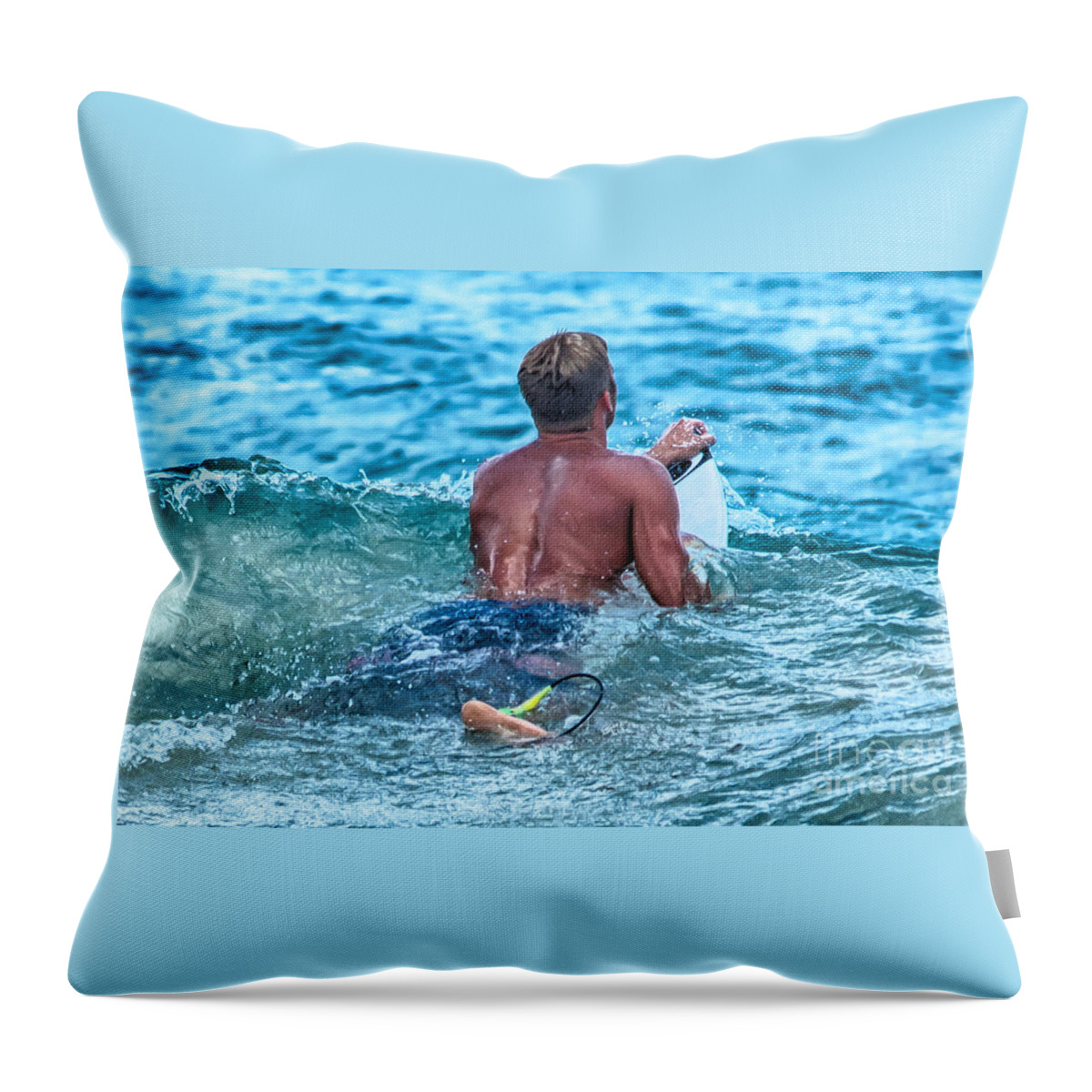 A Surfer Waits And Looks For The Next Wave To Ride. Throw Pillow featuring the photograph In The Lineup by Eye Olating Images