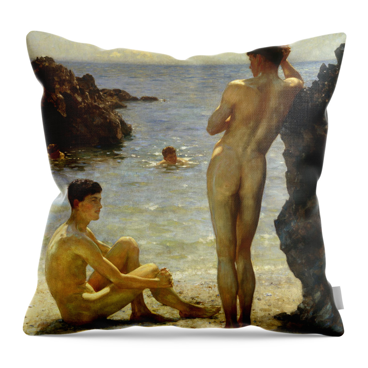 Nudes Throw Pillow featuring the painting Lovers of the Sun by Henry Scott Tuke