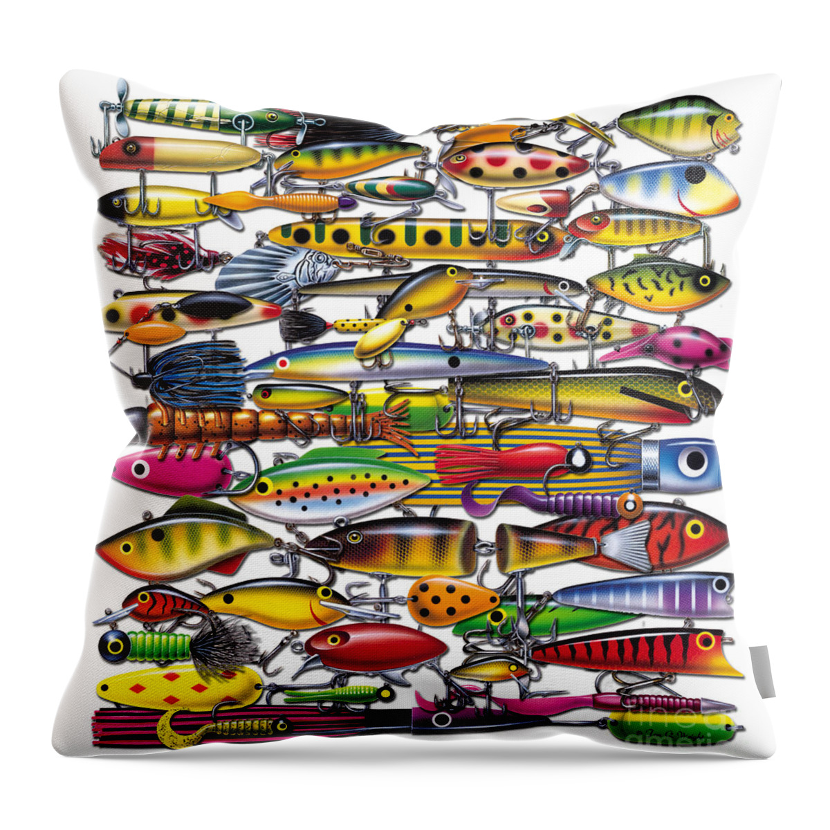 Jon Q Wright Jq Licensing Trout Fly Flyfishing Brown Trout Rainbow Trout Brook Trout Cutthroat Trout Fishing Lodge Cabin Antique Lures Lure Tackle Throw Pillow featuring the painting Lured by JQ Licensing