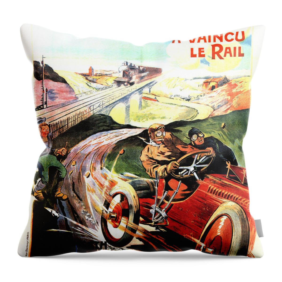 Vintage Throw Pillow featuring the mixed media Lw Pneu Michelin A Vaincu Le Rail - Vintage Tyre Advertising Poster by Studio Grafiikka