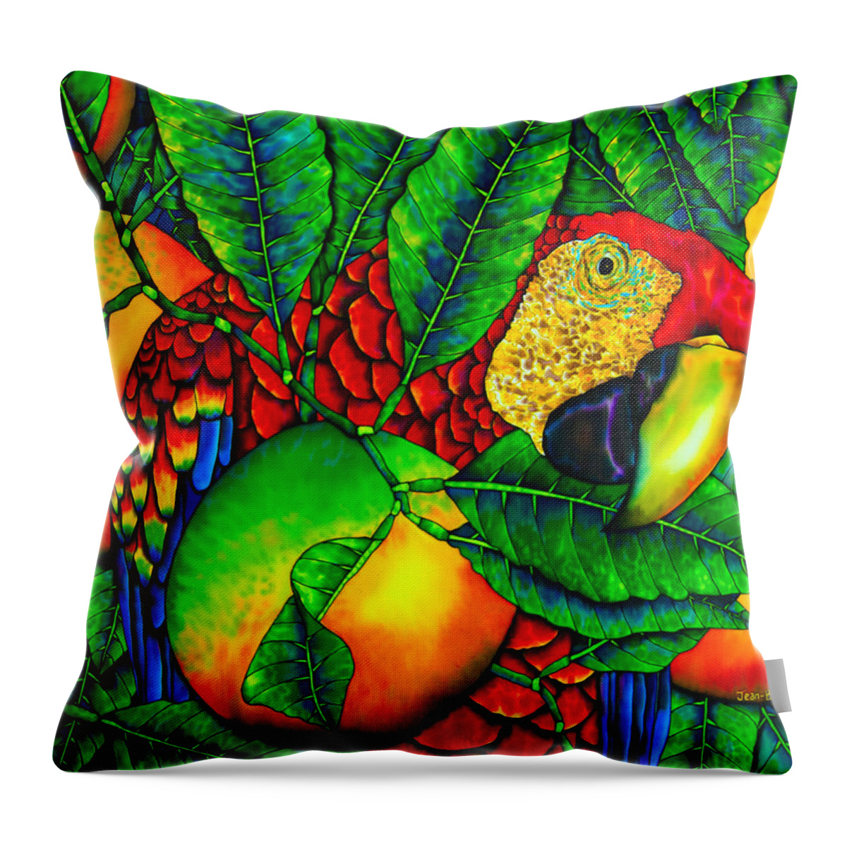 Scarlet Macaw Throw Pillow featuring the painting Macaw and Oranges - Exotic Bird by Daniel Jean-Baptiste