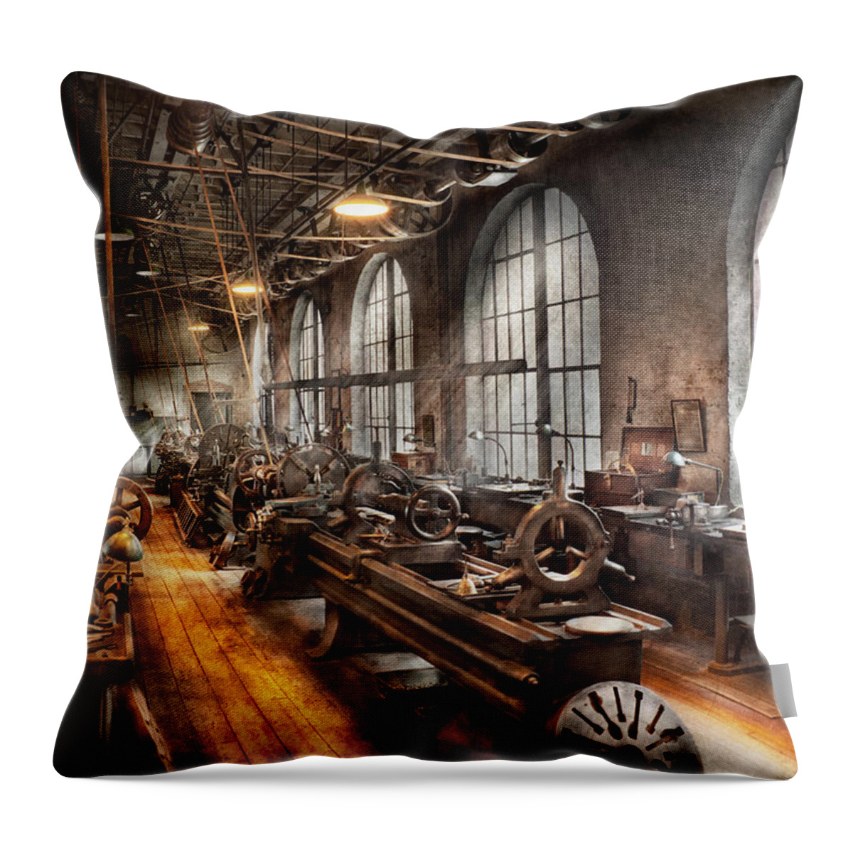 Hdr Throw Pillow featuring the photograph Machinist - A room full of Lathes by Mike Savad