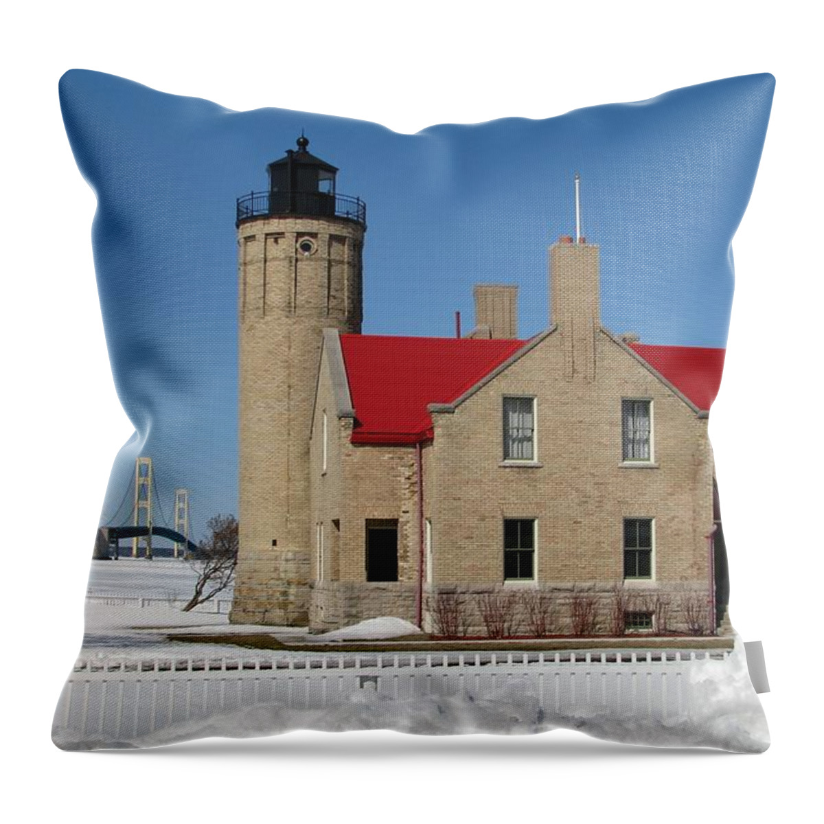 Old Mackinac Point Throw Pillow featuring the photograph Mackinac Bridge and Light by Keith Stokes