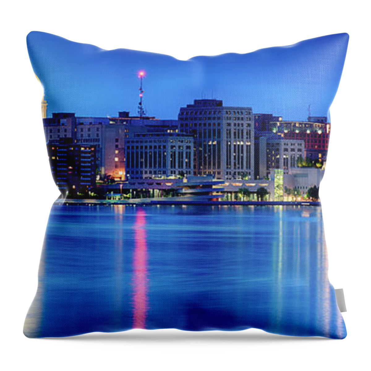 Capitol Throw Pillow featuring the photograph Madison Skyline Reflection by Sebastian Musial