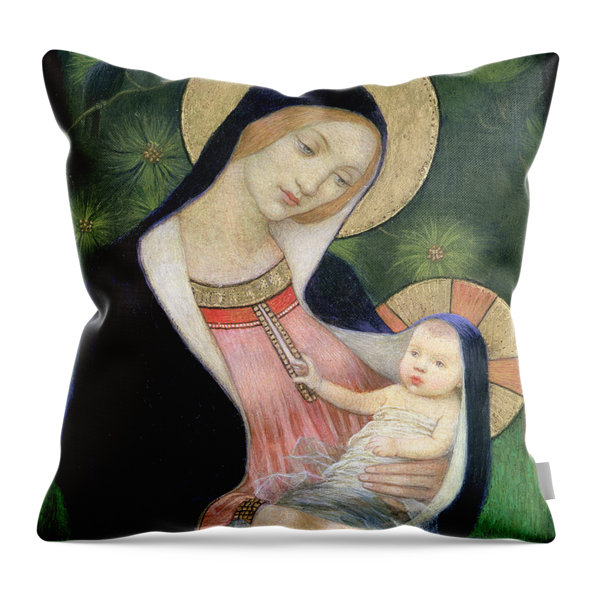 Madonna Of The Fir Tree Throw Pillow featuring the painting Madonna of the Fir Tree by Marianne Stokes