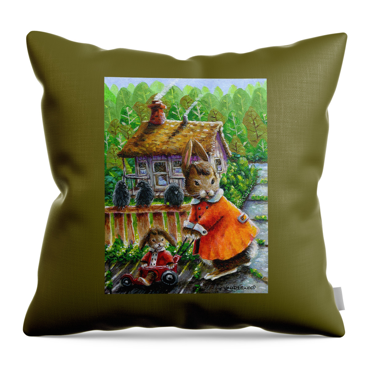 Rabbits Throw Pillow featuring the painting Mae Rabbit's Stroller Time by Jacquelin L Vanderwood Westerman