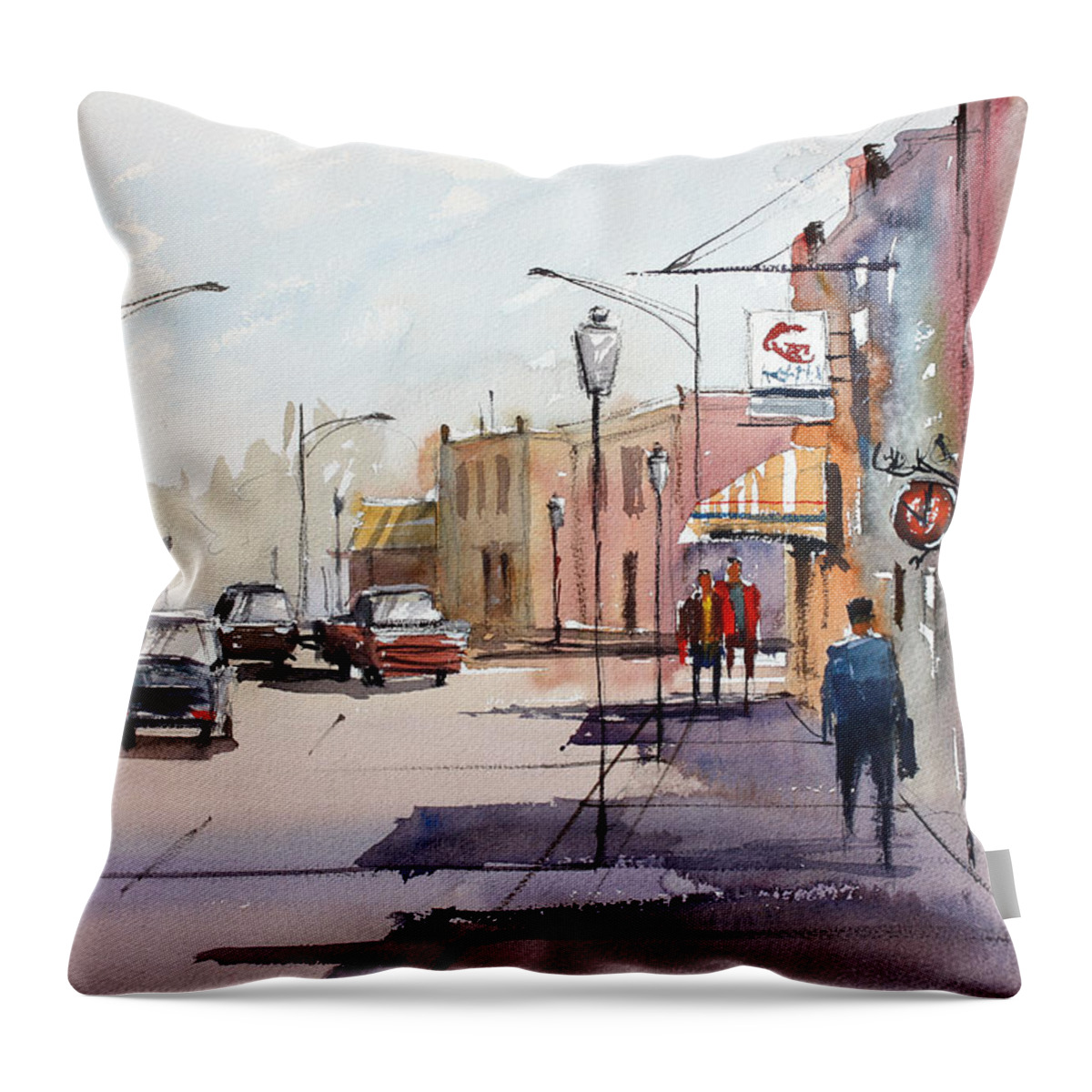 Street Scene Throw Pillow featuring the painting Main Street - Wautoma by Ryan Radke