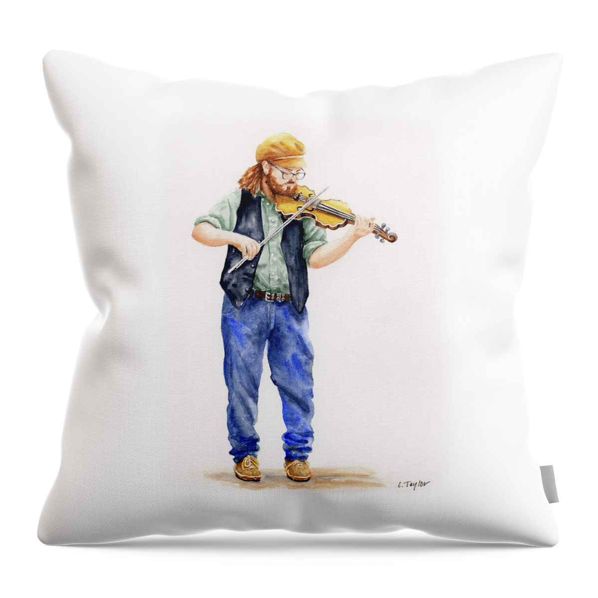 Musician Throw Pillow featuring the painting Main Street Minstrel 1 by Lori Taylor