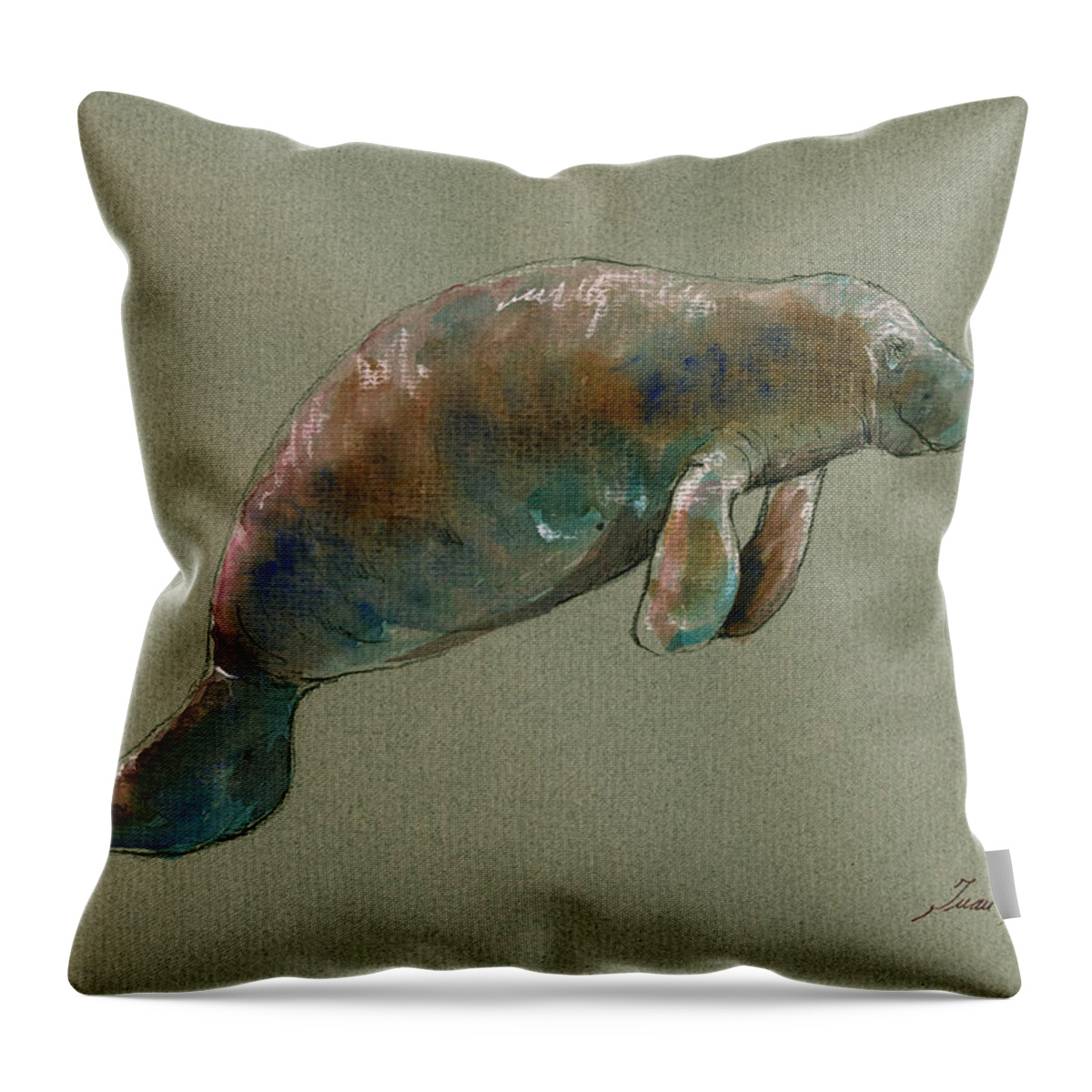 Manatee Throw Pillow featuring the painting Manatee watercolor art by Juan Bosco