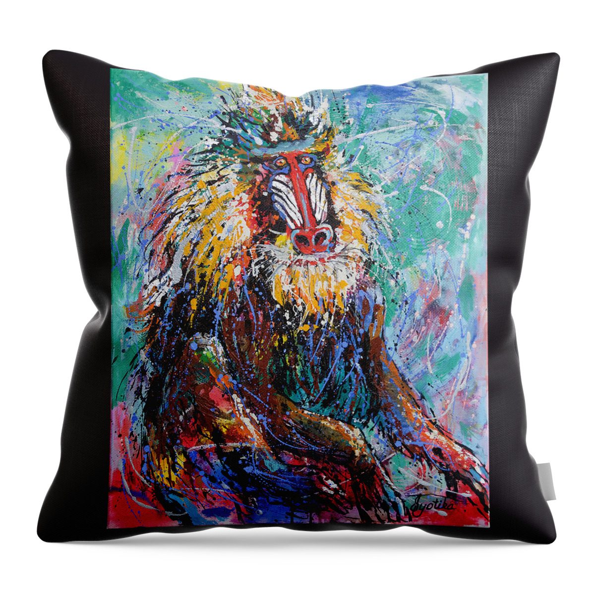 The Mandrill Throw Pillow featuring the painting Mandrill Baboon by Jyotika Shroff