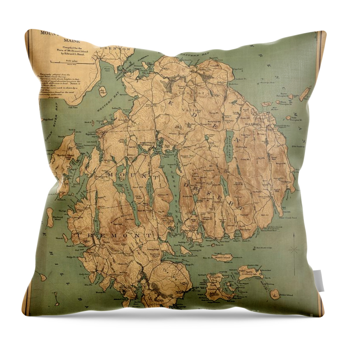 Map Of Mount Desert Island Throw Pillow featuring the painting Map of Mount Desert Island by MotionAge Designs