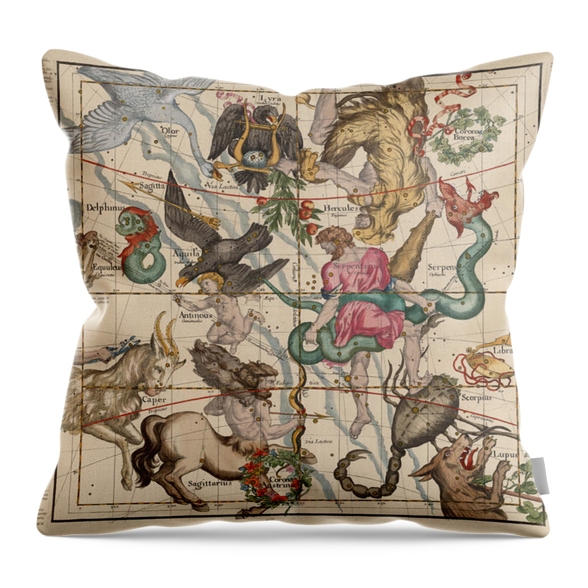 Constellations Map Throw Pillow featuring the drawing Map of the Constellations Hercules, Sagittarius, Scorpius, Libra - Celestial Map - Antique map by Studio Grafiikka