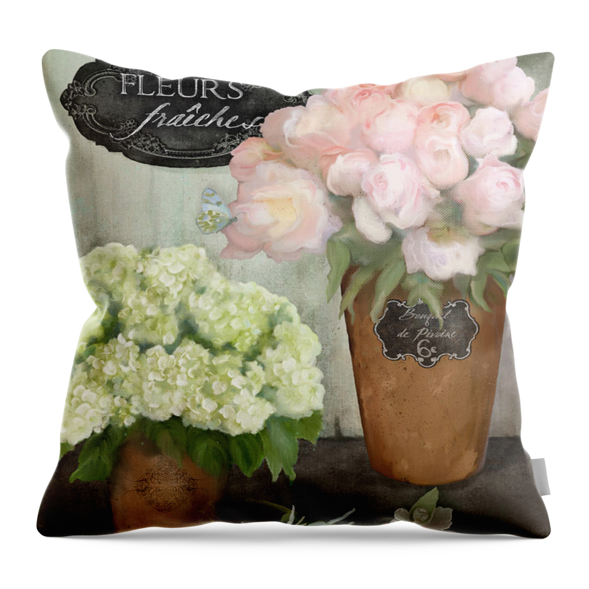 French Flower Market Throw Pillow featuring the painting Marche aux Fleurs 2 - Peonies n Hydrangeas by Audrey Jeanne Roberts