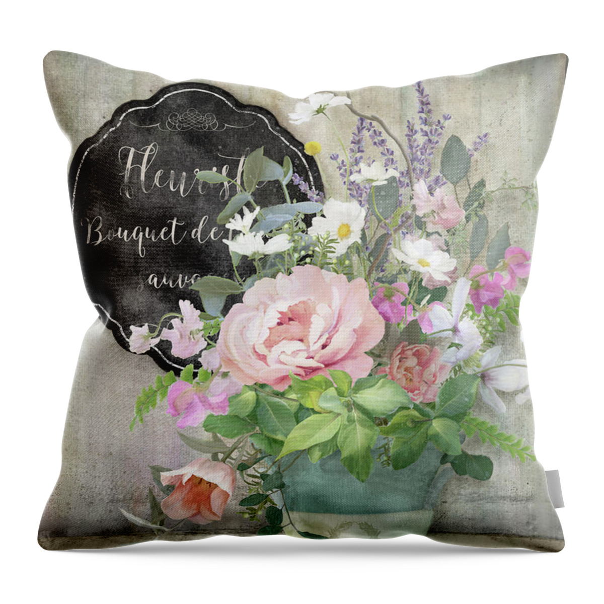 Marche Aux Fleurs Throw Pillow featuring the painting Marche aux Fleurs 3 Peony Tulips Sweet Peas Lavender and Bird by Audrey Jeanne Roberts