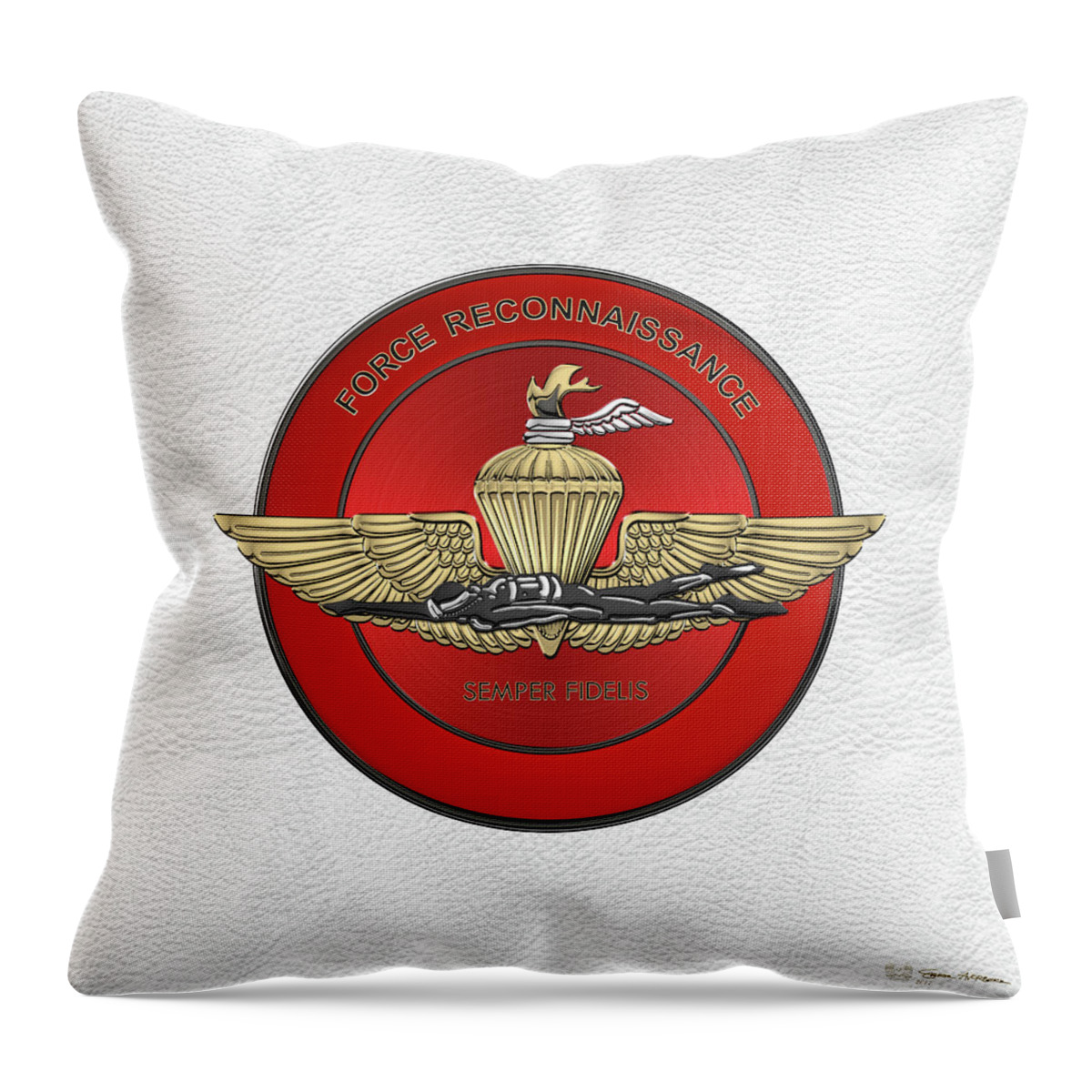 'military Insignia & Heraldry' Collection By Serge Averbukh Throw Pillow featuring the digital art Marine Force Reconnaissance - U S M C  F O R E C O N Insignia over White Leather by Serge Averbukh