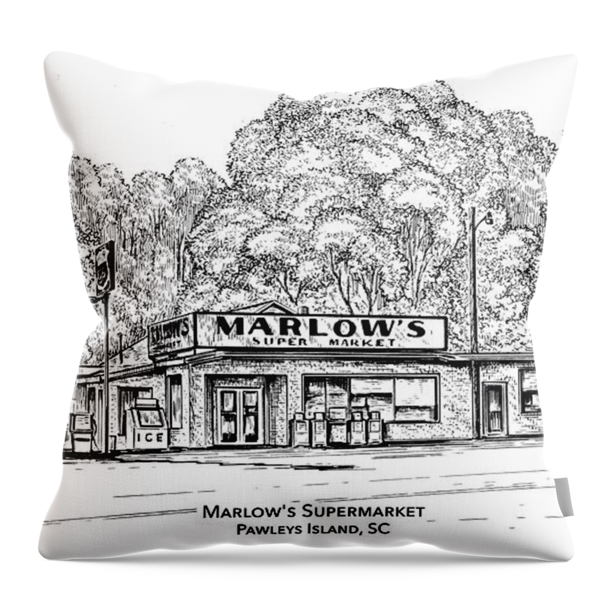 Marlow's Supermarket Throw Pillow featuring the drawing Marlows Market by Greg Joens