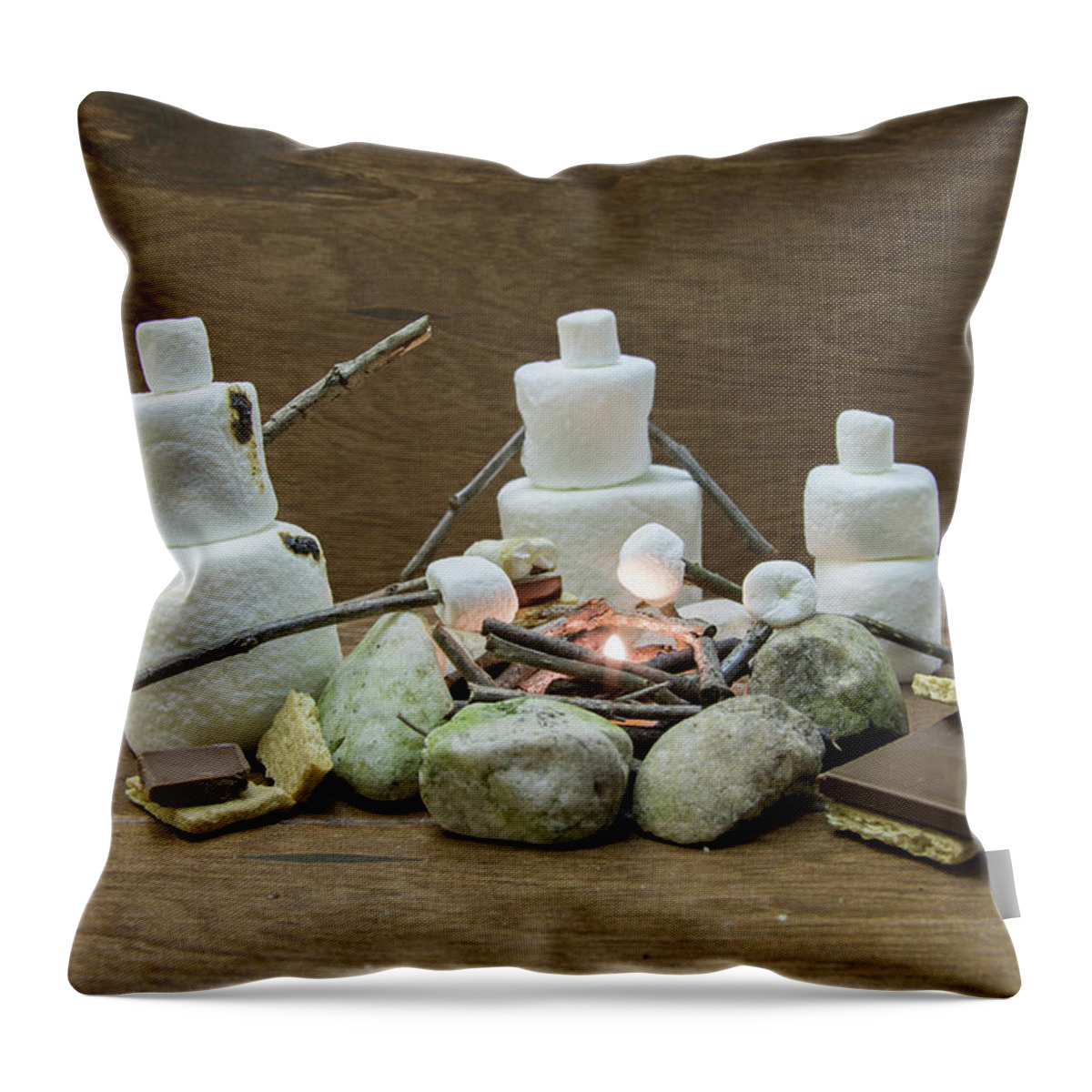 Bar Throw Pillow featuring the photograph Marshmallow family making s'mores over campfire by Karen Foley