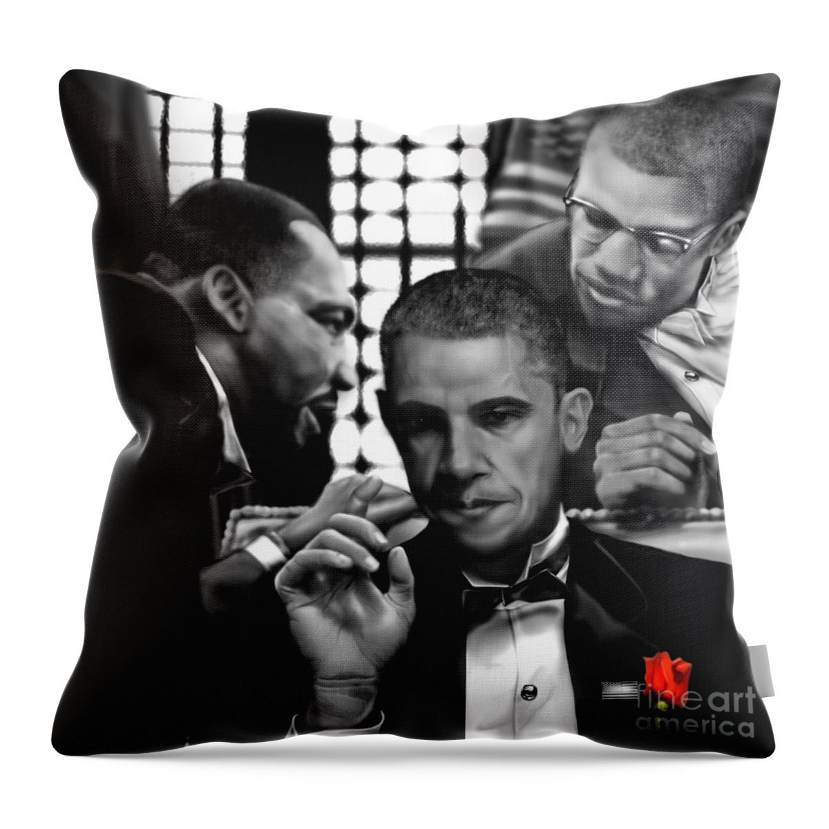 Dr. Martin Luther King Jr. Throw Pillow featuring the painting Martin Malcolm Barack and the Red Rose by Reggie Duffie