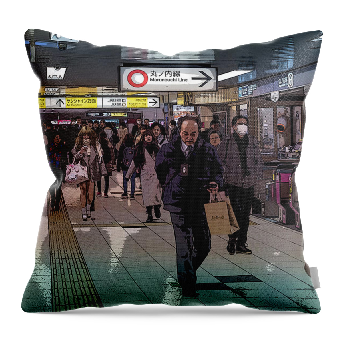 Pedestrians Throw Pillow featuring the photograph Marunouchi Line, Tokyo Metro Japan Poster by Perry Rodriguez