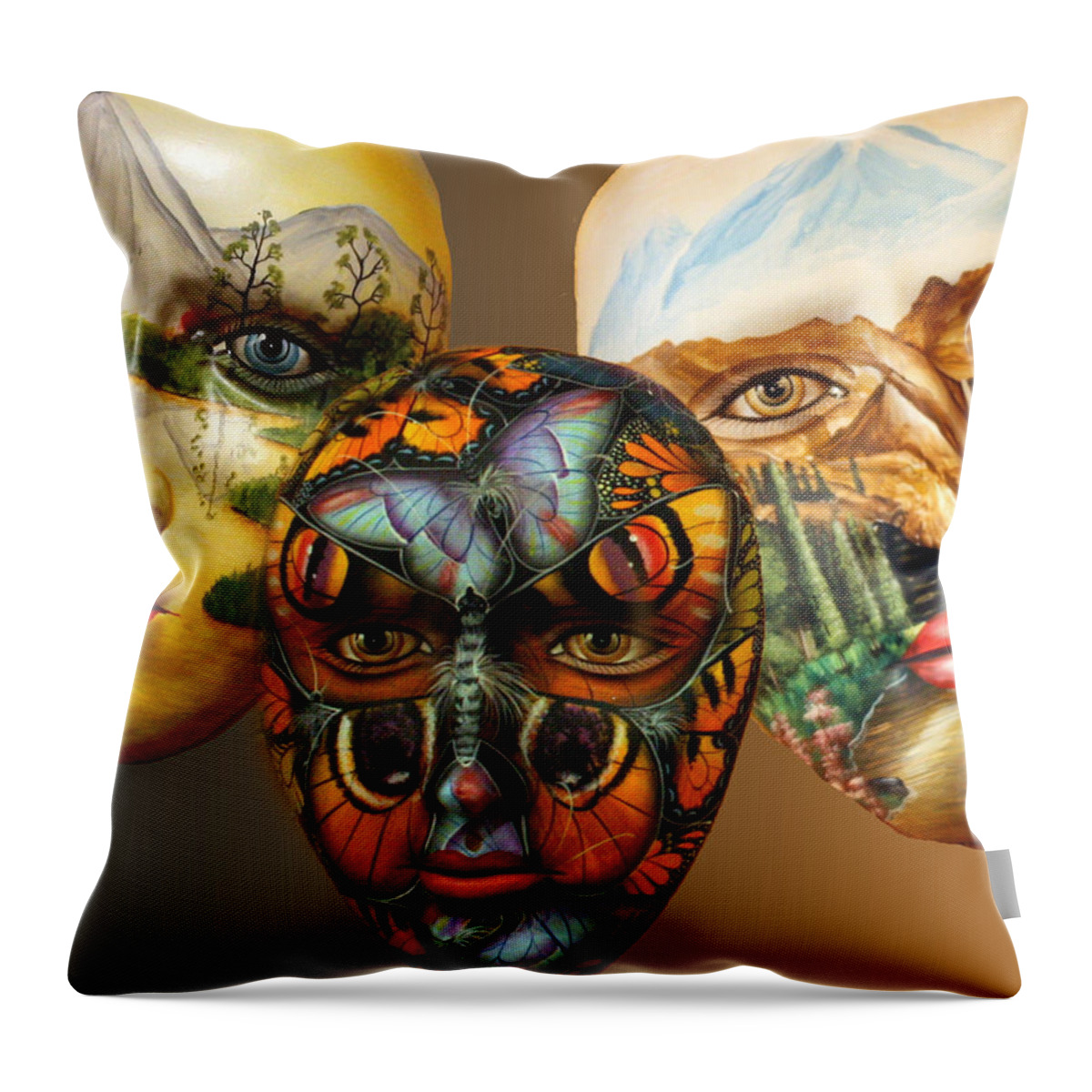 Mask Throw Pillow featuring the photograph Masks on the Wall by Farol Tomson